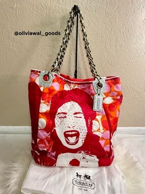 Coach Poppy Red Pink Orange Graphic Tote with Chain Straps